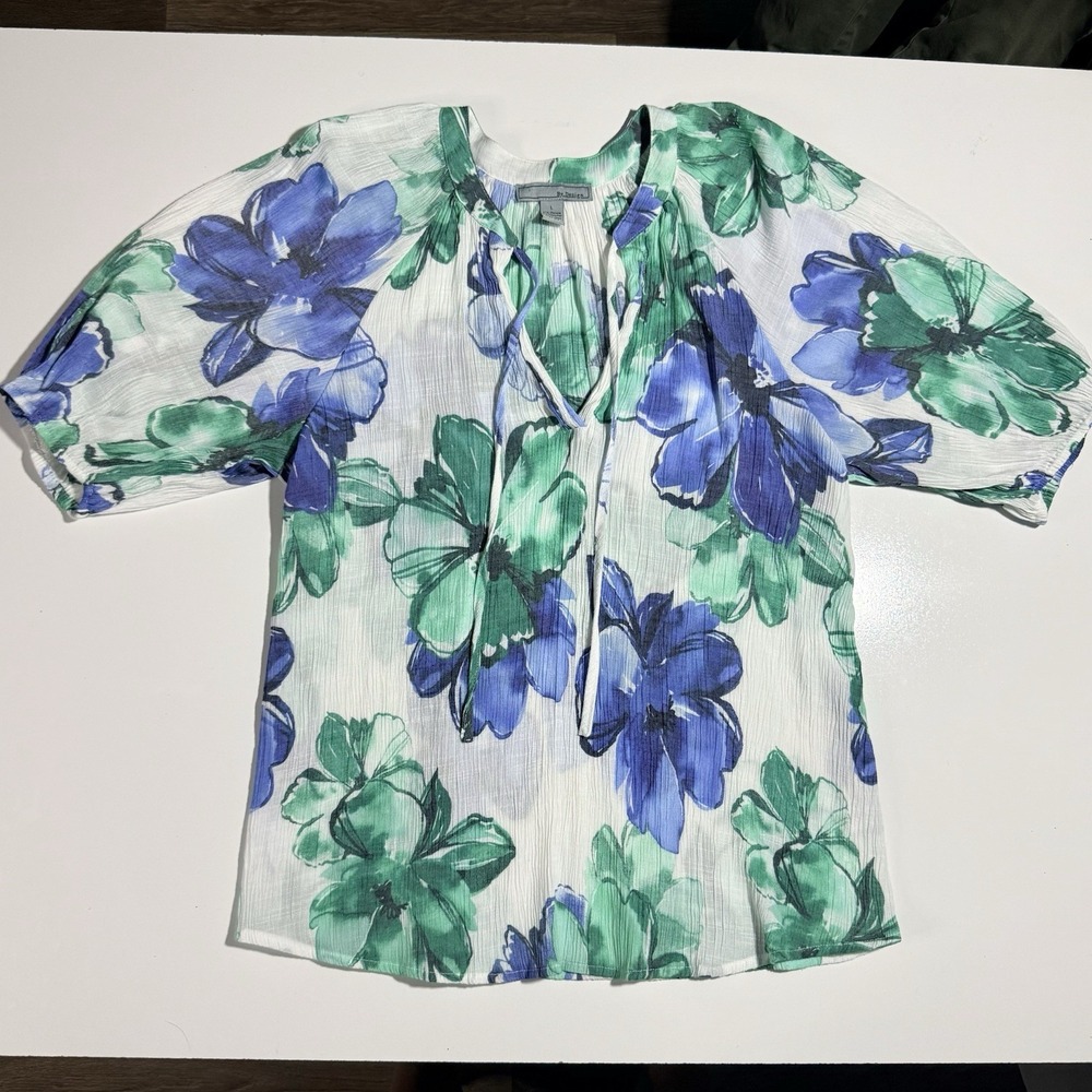 By Design White Floral Peasant Blouse Blue Green Watercolor V Neck Tie Top L